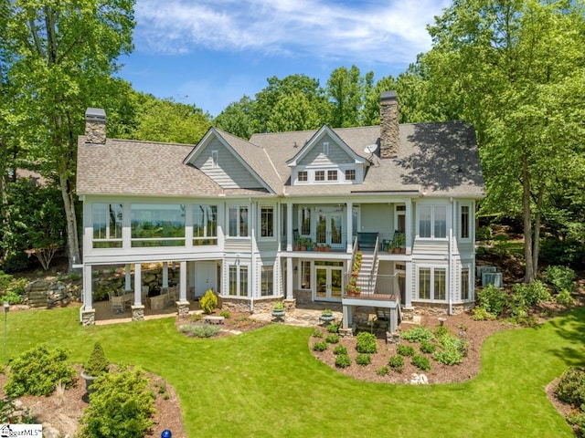 7 Drift Away Ln, Landrum, SC 29356 - back of house with a chimney, a patio, french doors, and a yard