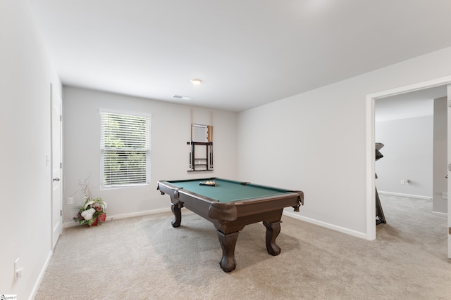 playroom featuring light carpet and billiards