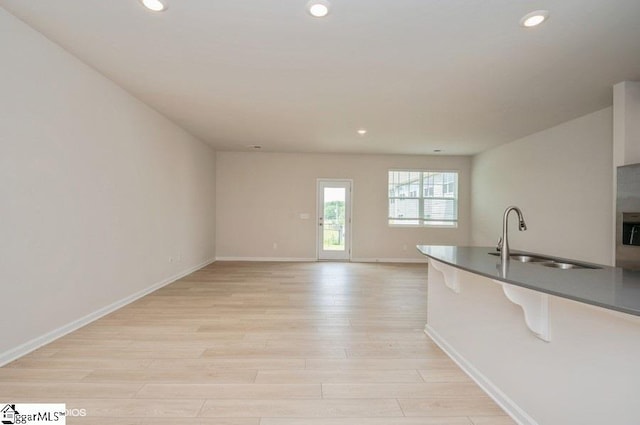 unfurnished living room with light hardwood / wood-style floors and sink