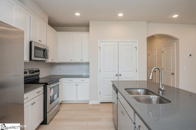 kitchen featuring white cabinets, appliances with stainless steel finishes, backsplash, and sink