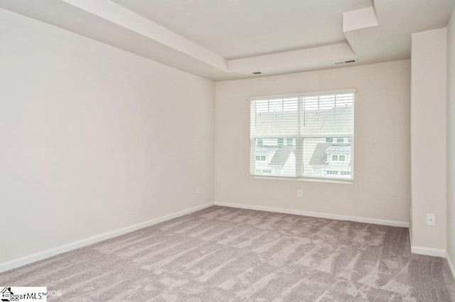 spare room featuring light colored carpet and a tray ceiling