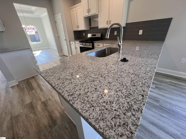 kitchen featuring a raised ceiling, decorative backsplash, dark wood-type flooring, a sink, and stainless steel gas range