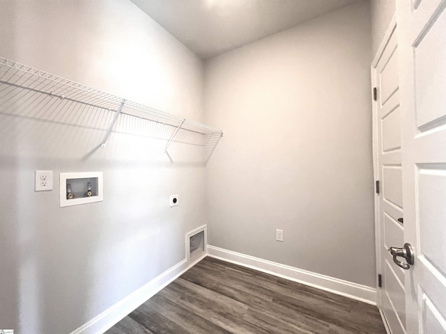 washroom featuring laundry area, washer hookup, baseboards, dark wood-style floors, and electric dryer hookup