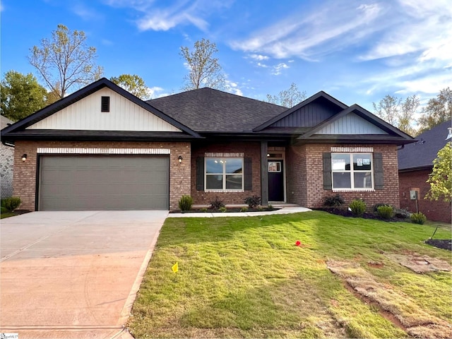 craftsman inspired home with a garage and a front yard