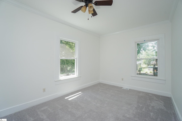 spare room featuring ceiling fan, carpet, a healthy amount of sunlight, and ornamental molding