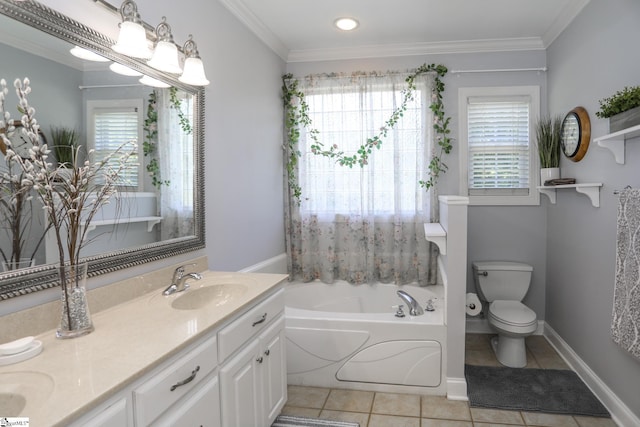 bathroom featuring a tub, tile patterned flooring, vanity, and ornamental molding