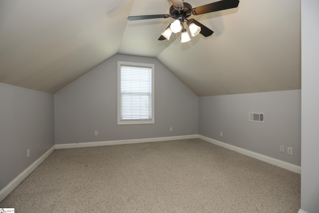 bonus room featuring carpet, ceiling fan, and vaulted ceiling