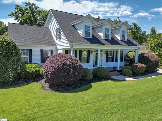 cape cod house with a porch and a front yard