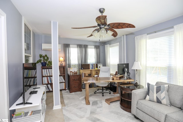 tiled office with ceiling fan and an AC wall unit