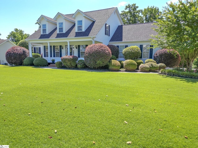 cape cod house with covered porch and a front lawn