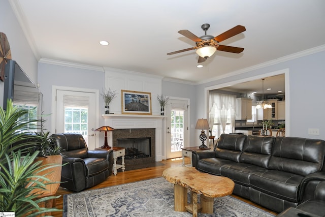 living room with a wealth of natural light, a fireplace, ceiling fan, and hardwood / wood-style floors