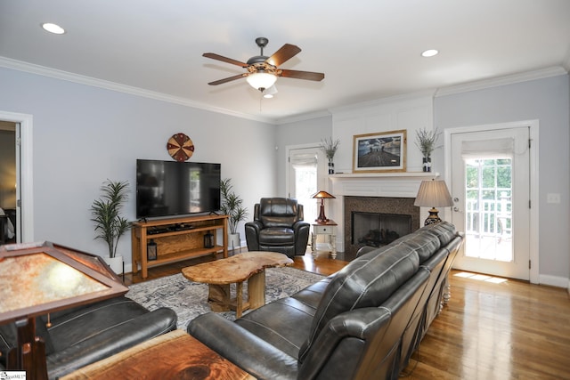 living room with crown molding, a large fireplace, a healthy amount of sunlight, and light hardwood / wood-style floors