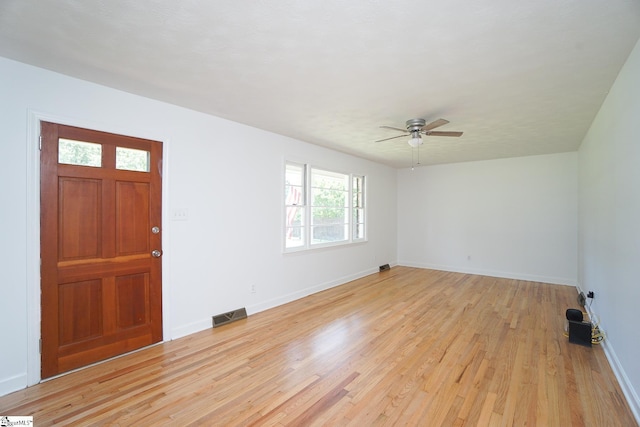 entrance foyer featuring ceiling fan and light hardwood / wood-style floors