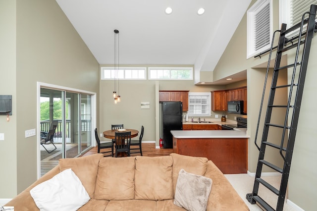 living room with light wood-type flooring, high vaulted ceiling, plenty of natural light, and sink