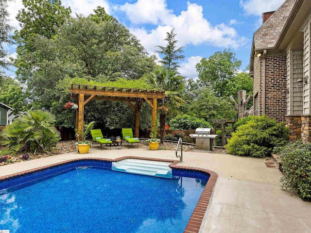 view of swimming pool with a pergola, a patio area, and a grill