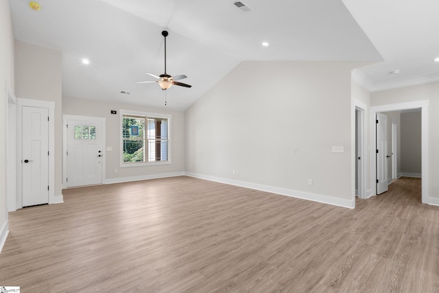 unfurnished living room with ceiling fan, light hardwood / wood-style floors, and lofted ceiling