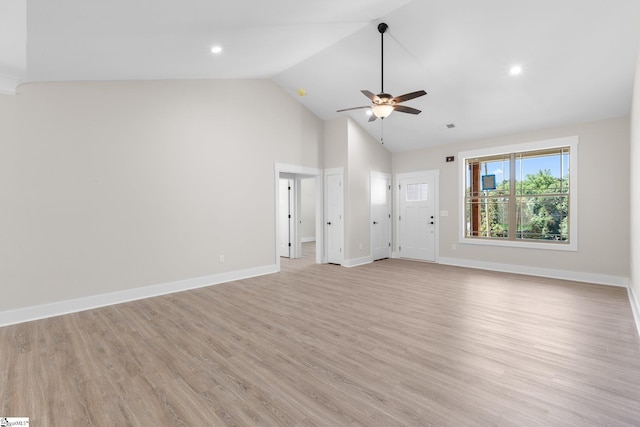 unfurnished living room with ceiling fan, light hardwood / wood-style floors, and high vaulted ceiling