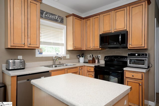 kitchen featuring sink, a center island, ornamental molding, and black appliances