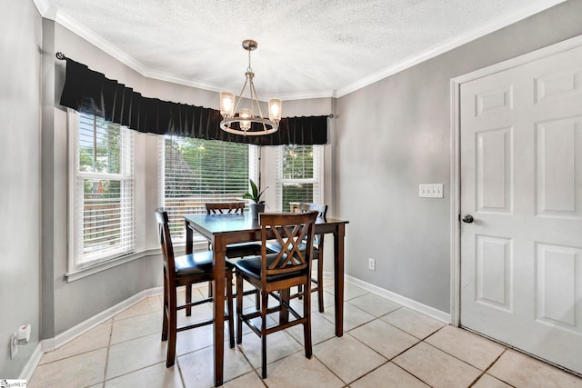 dining area featuring ornamental molding, light tile patterned floors, a healthy amount of sunlight, and an inviting chandelier