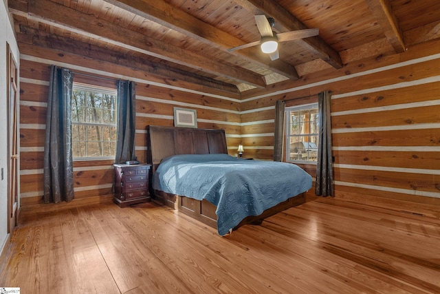 bedroom with beamed ceiling, ceiling fan, wood walls, and wooden ceiling