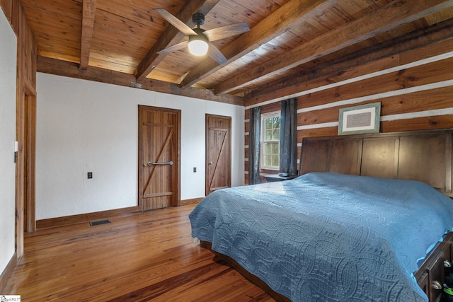 bedroom featuring beam ceiling, hardwood / wood-style flooring, ceiling fan, and wood ceiling