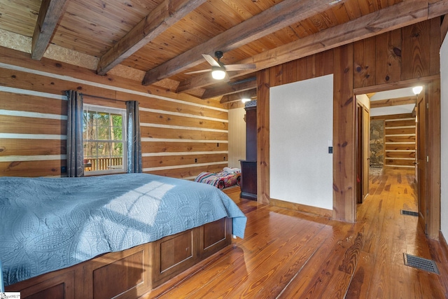 bedroom with hardwood / wood-style floors, beam ceiling, wooden ceiling, and wood walls