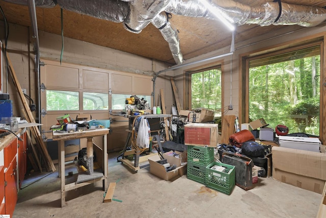 interior space with a workshop area, a wealth of natural light, and concrete floors