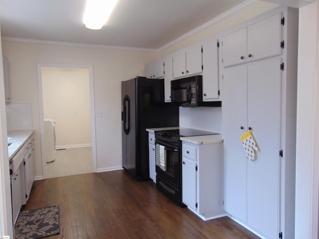 kitchen featuring black appliances, white cabinets, crown molding, tasteful backsplash, and dark hardwood / wood-style flooring