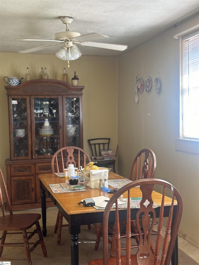 dining room with ceiling fan, plenty of natural light, and a textured ceiling