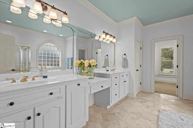 bathroom with tile patterned flooring, vanity, a shower with shower door, and ornamental molding