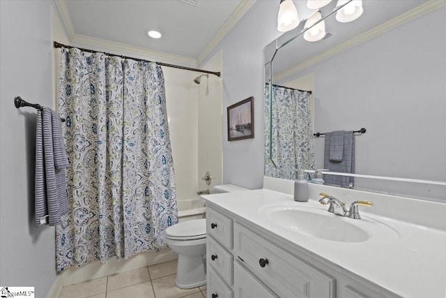 full bathroom featuring shower / tub combo, vanity, crown molding, tile patterned flooring, and toilet