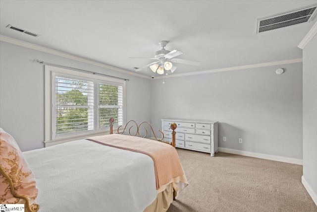 bedroom featuring light carpet, ceiling fan, and ornamental molding