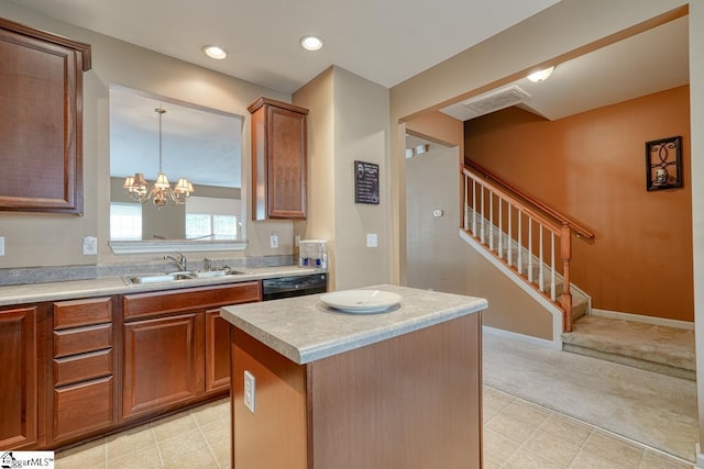 kitchen featuring dishwasher, sink, a notable chandelier, a kitchen island, and light colored carpet