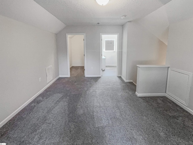 additional living space featuring dark colored carpet, a textured ceiling, and lofted ceiling