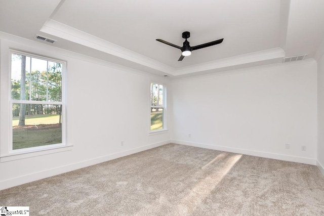 empty room featuring carpet, ceiling fan, a raised ceiling, and crown molding