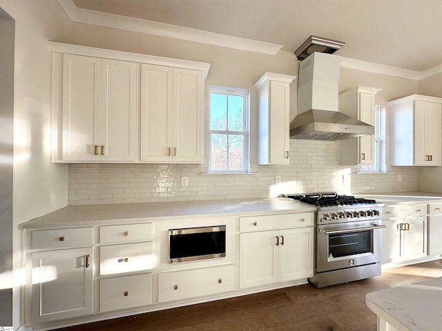 kitchen with white cabinets, wall chimney range hood, and appliances with stainless steel finishes