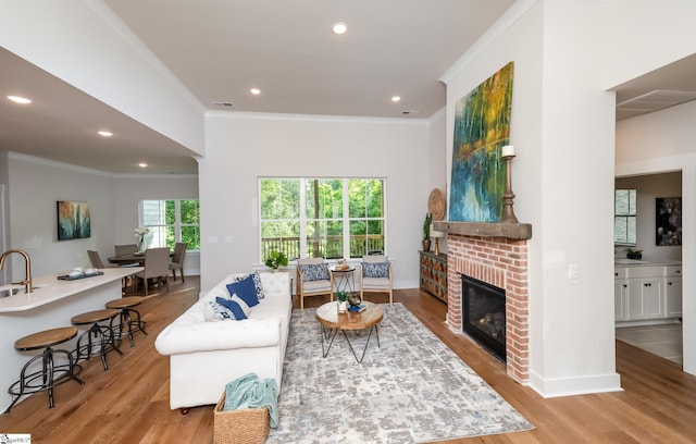 living room featuring a fireplace, light hardwood / wood-style floors, and ornamental molding