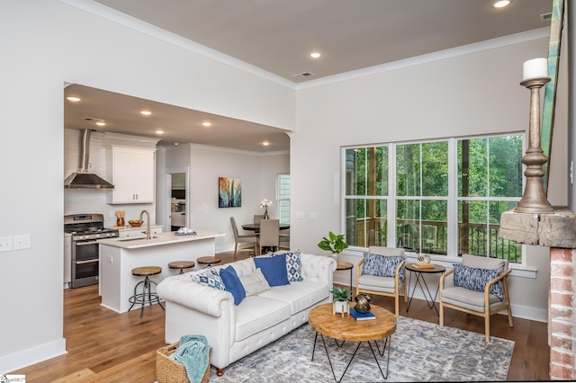 living room featuring hardwood / wood-style flooring, crown molding, and sink