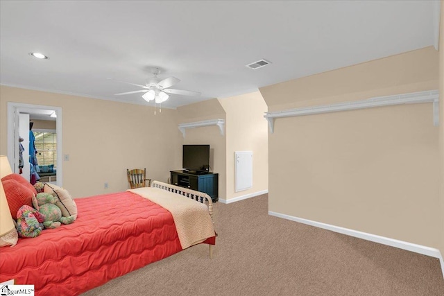 carpeted bedroom featuring ceiling fan