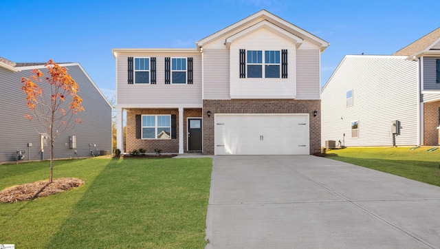 view of front of property featuring central AC, a front yard, and a garage