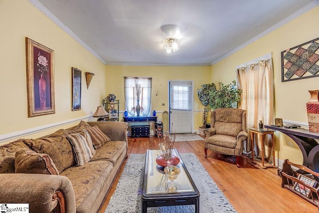 living room featuring crown molding and wood-type flooring