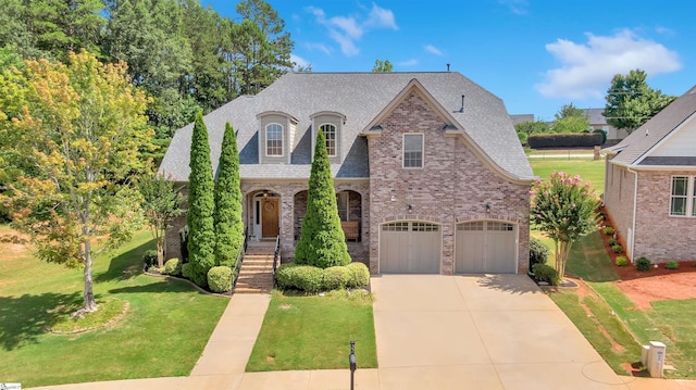 french country home with a front lawn and a garage