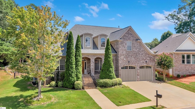 french country style house featuring a garage and a front lawn