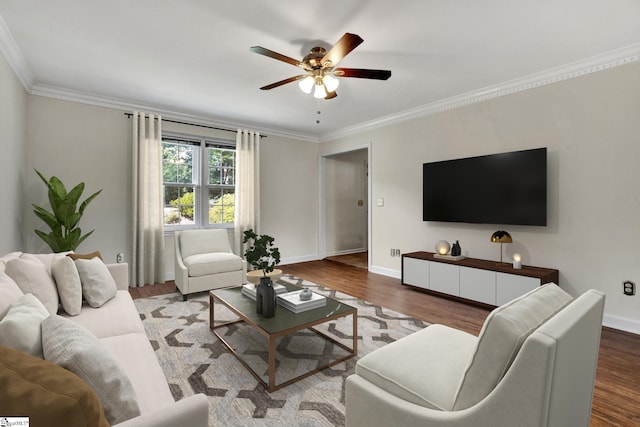 living room featuring hardwood / wood-style floors, ornamental molding, and ceiling fan