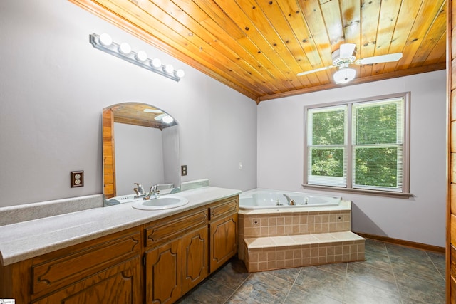 bathroom featuring wooden ceiling, tiled tub, ceiling fan, and vanity