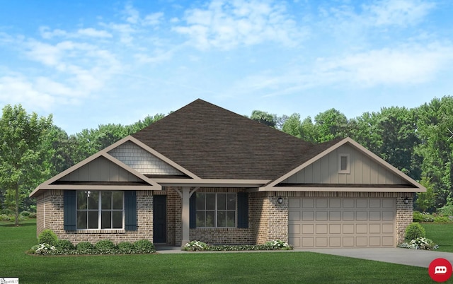 craftsman-style house featuring brick siding, roof with shingles, concrete driveway, an attached garage, and a front yard