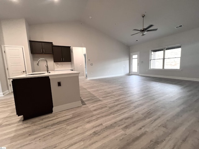 kitchen with visible vents, an island with sink, light wood-style flooring, light countertops, and a sink