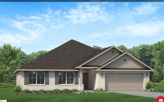 view of front of home with a garage, driveway, a front yard, and brick siding