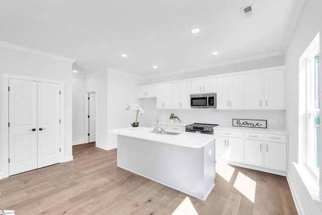 kitchen with stainless steel appliances, light hardwood / wood-style flooring, sink, and an island with sink