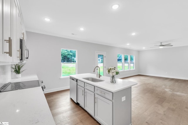 kitchen featuring a center island with sink, light wood-type flooring, a wealth of natural light, and sink